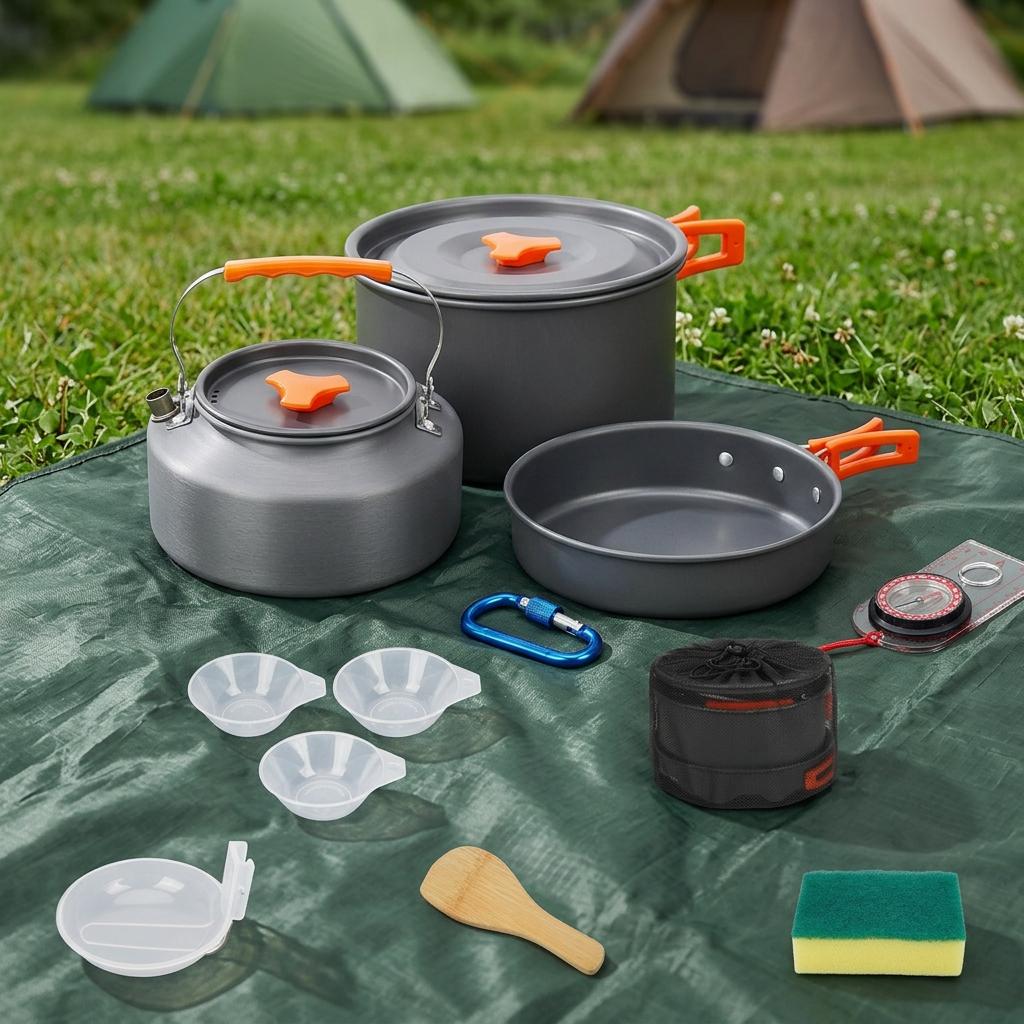 Portable Lightweight Camping Kitchen Cooking Mess Kit Aluminum Outdoor Travel Pots and Pans Set for Camping and Travel