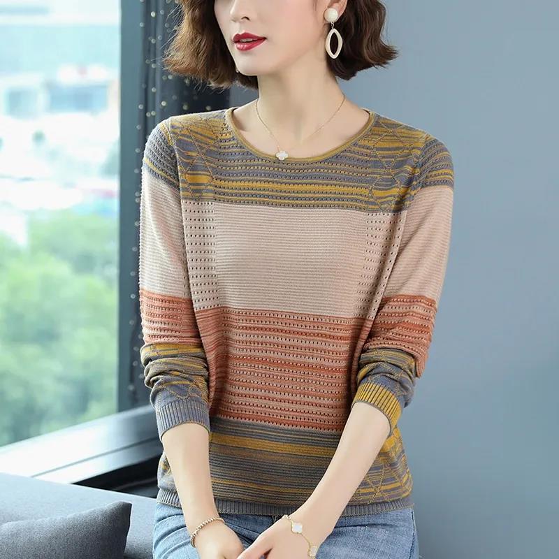 Striped Sweater Knitted Pullover Thin Round Neck Long Sleeves Women's Top Casual Undershirt Commute Spring Autumn