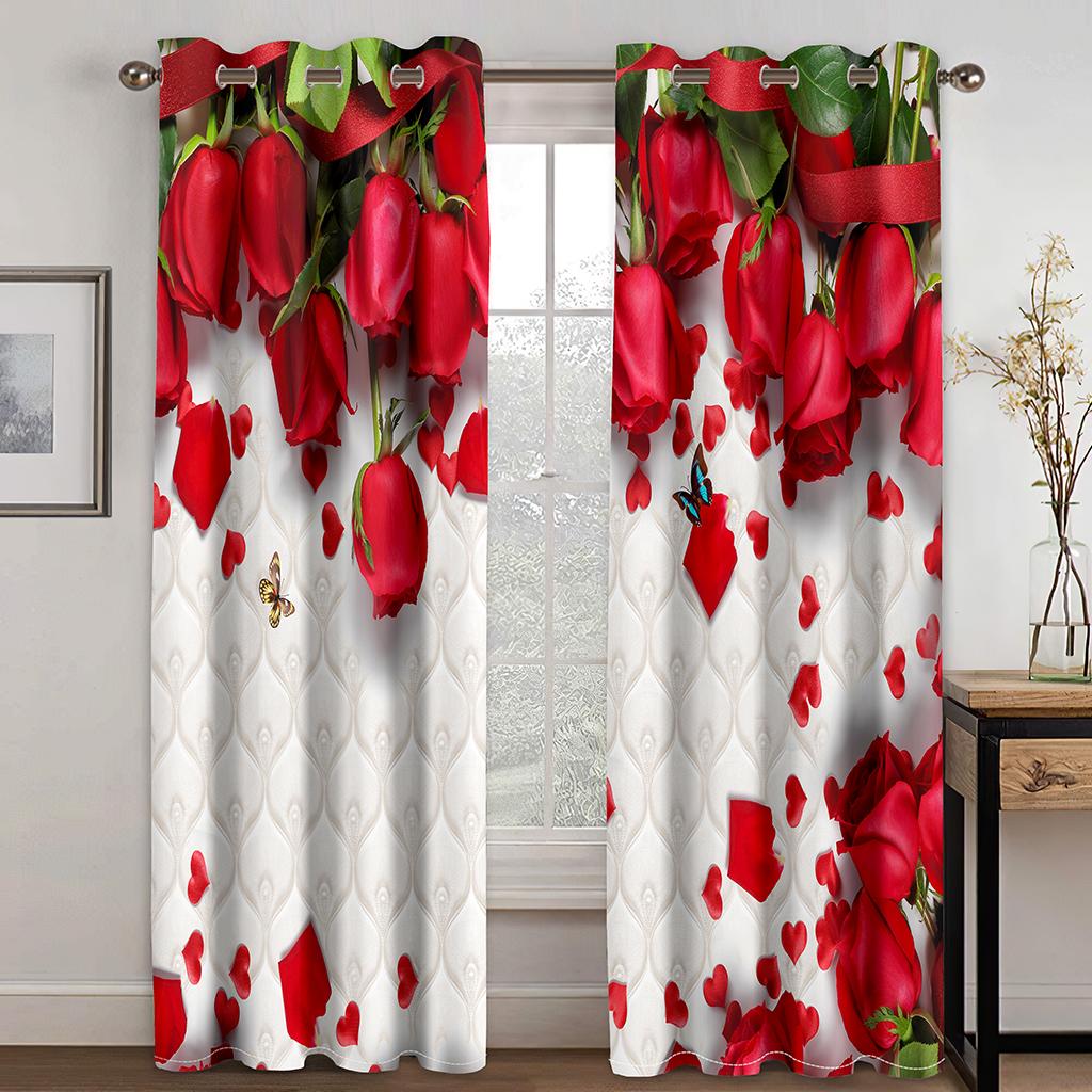 Red Rose Printed Window Curtain, Digital Printing, Bedroom, Living Room, 2 Pieces of Narrow Width, Aesthetically Cortinas