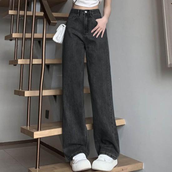 Women Jeans High Waist Button Zipper Closure Vintage Loose Fit Pockets Straight Wide Leg Streetwear Pants Daily Wear Long Trousers