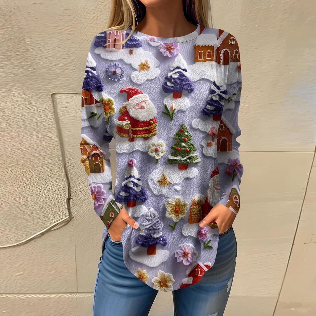 Tee Shirts For Women Casual Round Neck Long Sleeve Shirts Christmas Printing Top Pullover