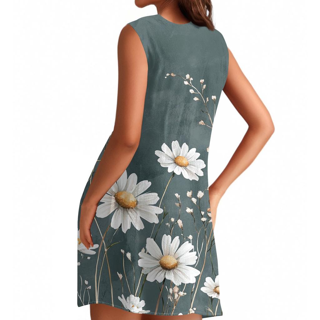 Женское повседневное и модное платье средней длины с круглым вырезом и без рукавов с принтом
