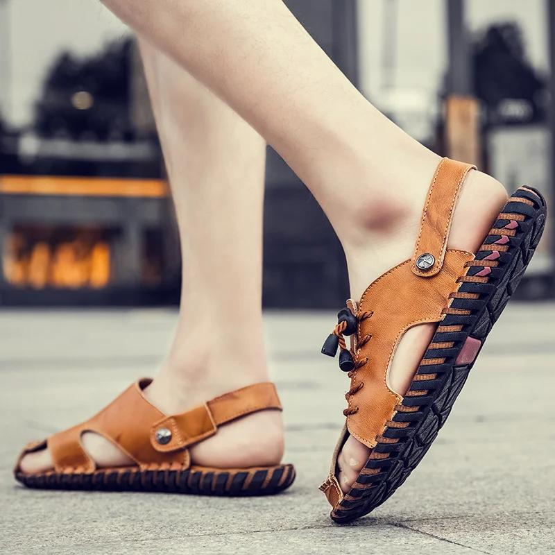 Летние модные новые два способа носить тапочки и сандалии легкие повседневные сандалии из коровьей кожи модные пляжные брендовые мужские туфли на полубалетках