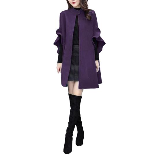 Женское зимнее пальто с рукавами-лепестками, воротником-стойкой, накидкой-трапецией, кардиганом средней длины с открытыми стежкам, шерстяным пальто для улицы, пончо