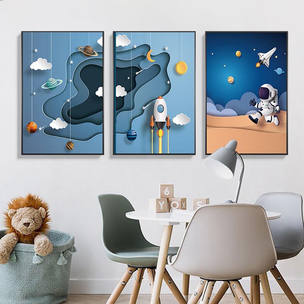Outer Space Astronaut Cartoon Picture Poster Canvas Painting Kids Room Prints and Decoration Mural for Modern Home Decor No Frame