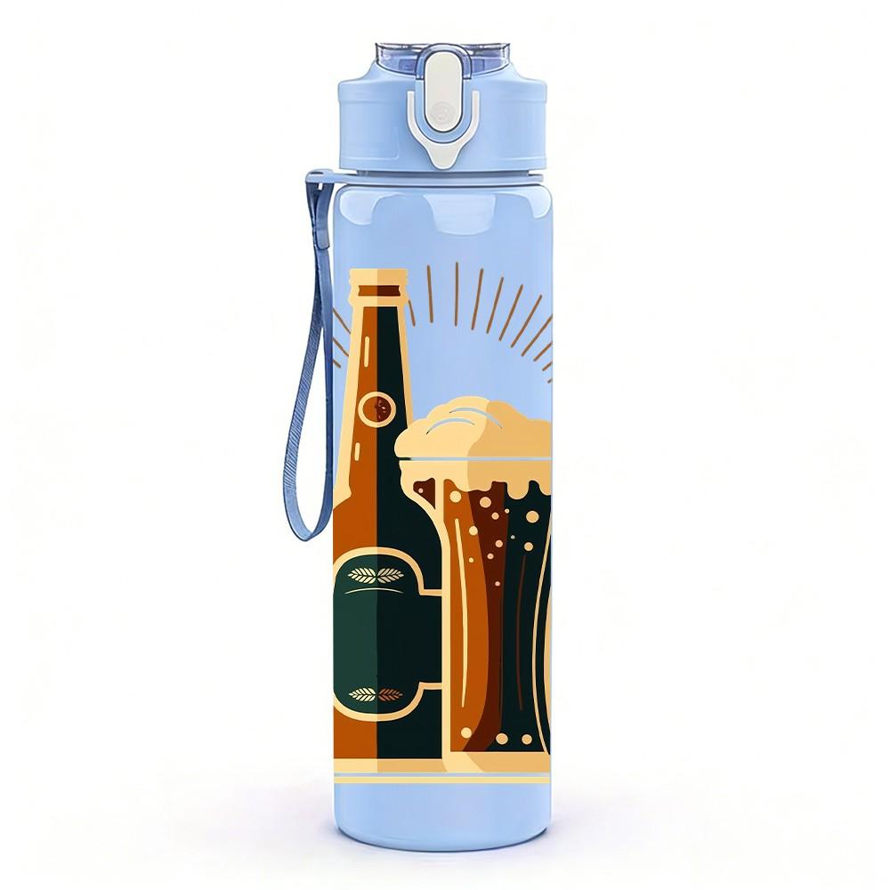 1PC Beer Bottle Glass Vintage Print 750ml Color Plastic Sports Water Bottle Leakproof Flip Straw Lid Suitable for Sports Office Home Use