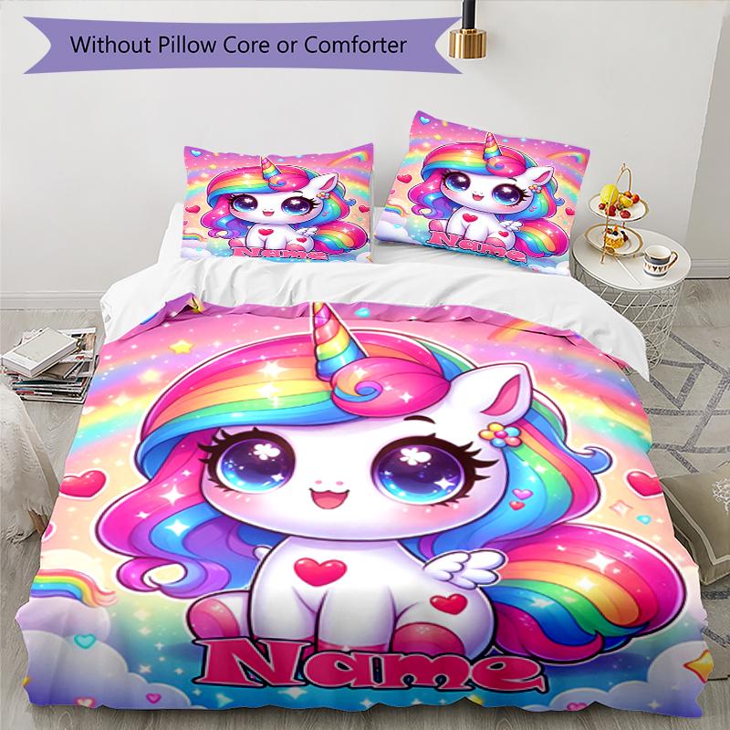 3pcs Custom Name Unicorn Bedding Set Duvet Cover Closure Includes 1 Duvet Cover & 2 Pillowcases, Soft and Comfortable for All Seasons.