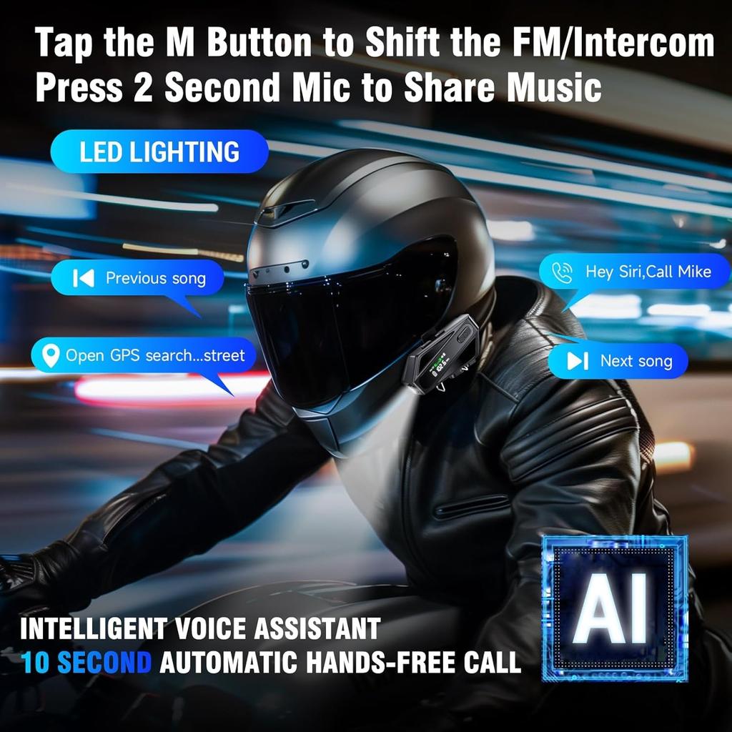 C6 Мотоциклетная Bluetooth-гарнитура 5.3 с экраном и фонариком, 500M Intercom, FM-радио, совместима со всеми шлемами