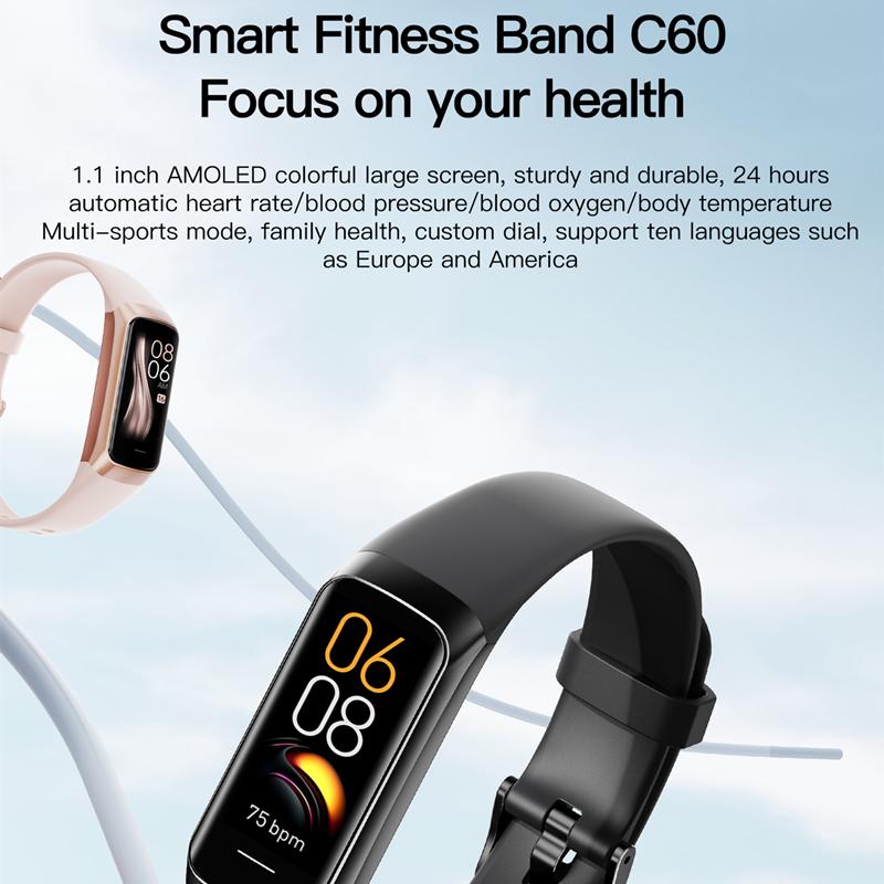 C60 смарт-браслет Amoled экран пульсометр фитнес-трекер SmartBand для женщин мужчин модные спортивные смарт-часы