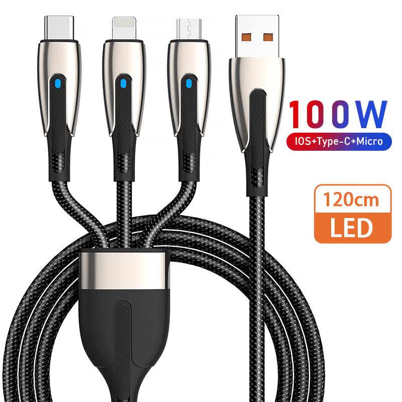 Кабель USB для мобильной флэш-зарядки 3-в-1 100 Вт, подходит для iPhone 5-14, Huawei Type-C, сверхбыстрая зарядка, зарядный кабель 5 А