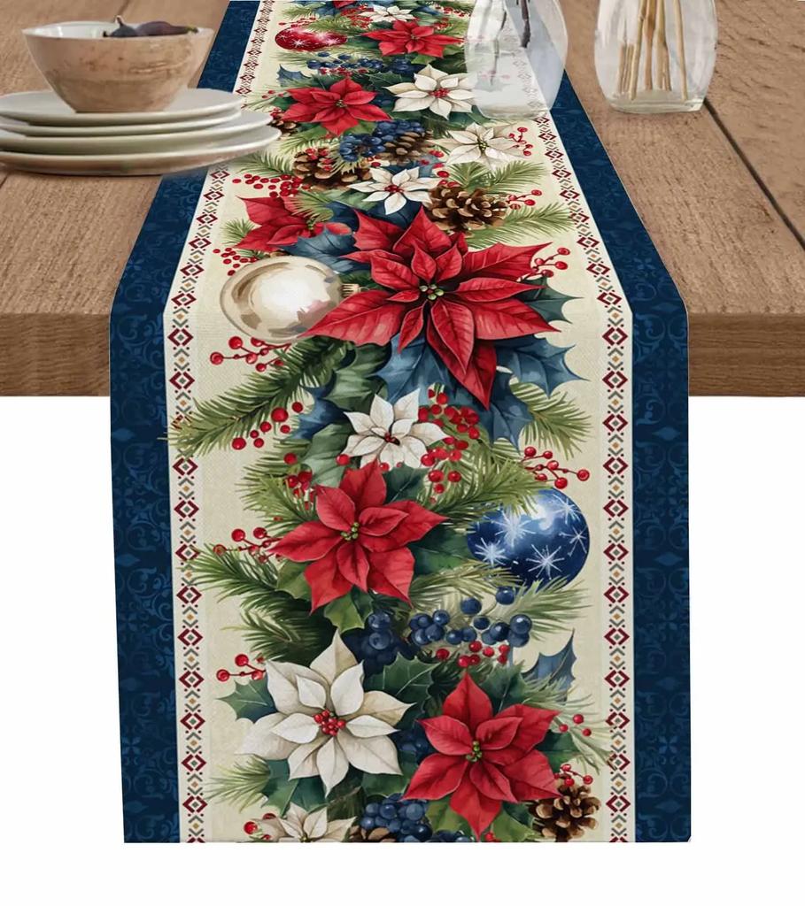 Christmas Silver Fir Leaves Snowflakes Wood Grain Linen Table Runners Kitchen Decoration Table Runner Festival Party Supplies