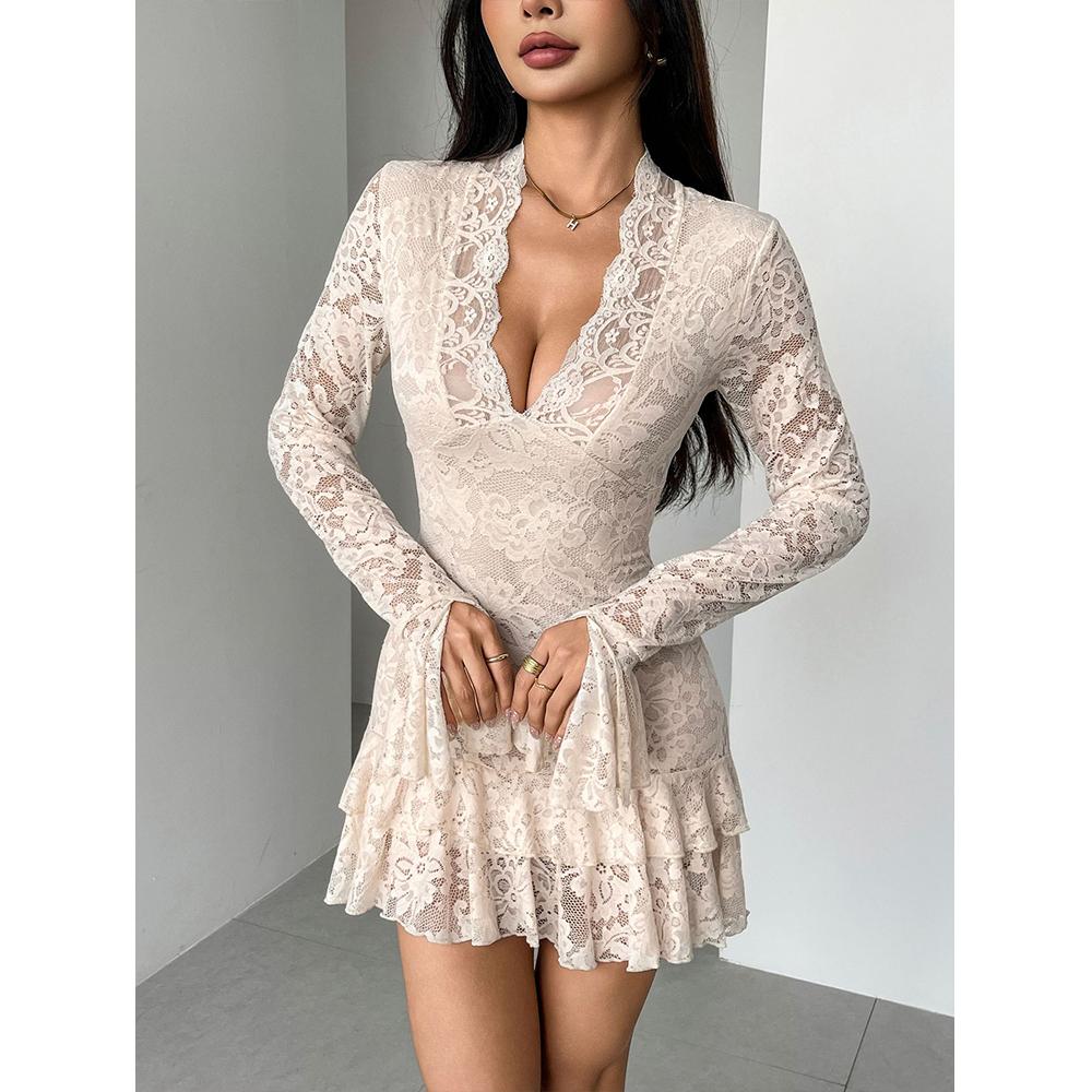 Женское мини-платье Y2k с цветочным кружевом, сексуальным глубоким V-образным вырезом, длинными рукавами и многослойным мини с оборками по подолу