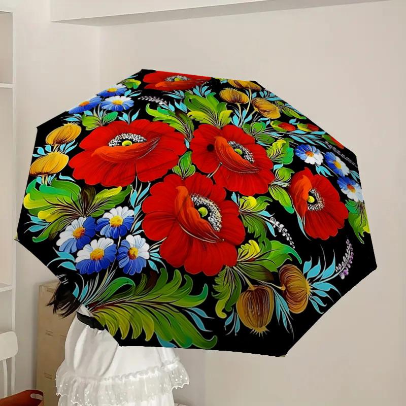 1pc Floral Bouquet with Red Poppies and Blue Daisies Umbrella with Plastic Handle,Suitable for All Seasons Home Travel Outdoor UmbrellaDD1048