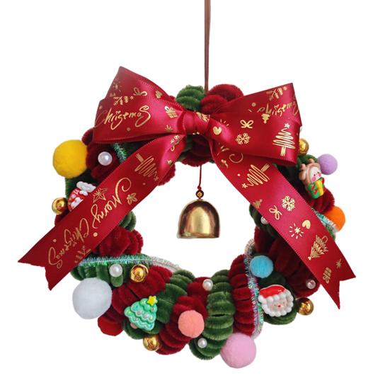 1 Набор Рождественский венок с красным, зеленым синелем, колокольчиком, подвеской Санта, оленем, лентой, сделай сам, ручная работа, елка, праздничная вечеринка, подвесное украшение для венка