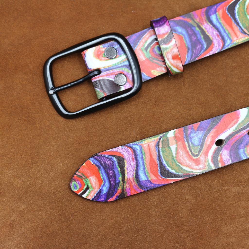 Original, Real Cowhide Retro Rainbow Color Graffiti Printed Belt, Personalized Retro Belt American Japanese And Korean Style