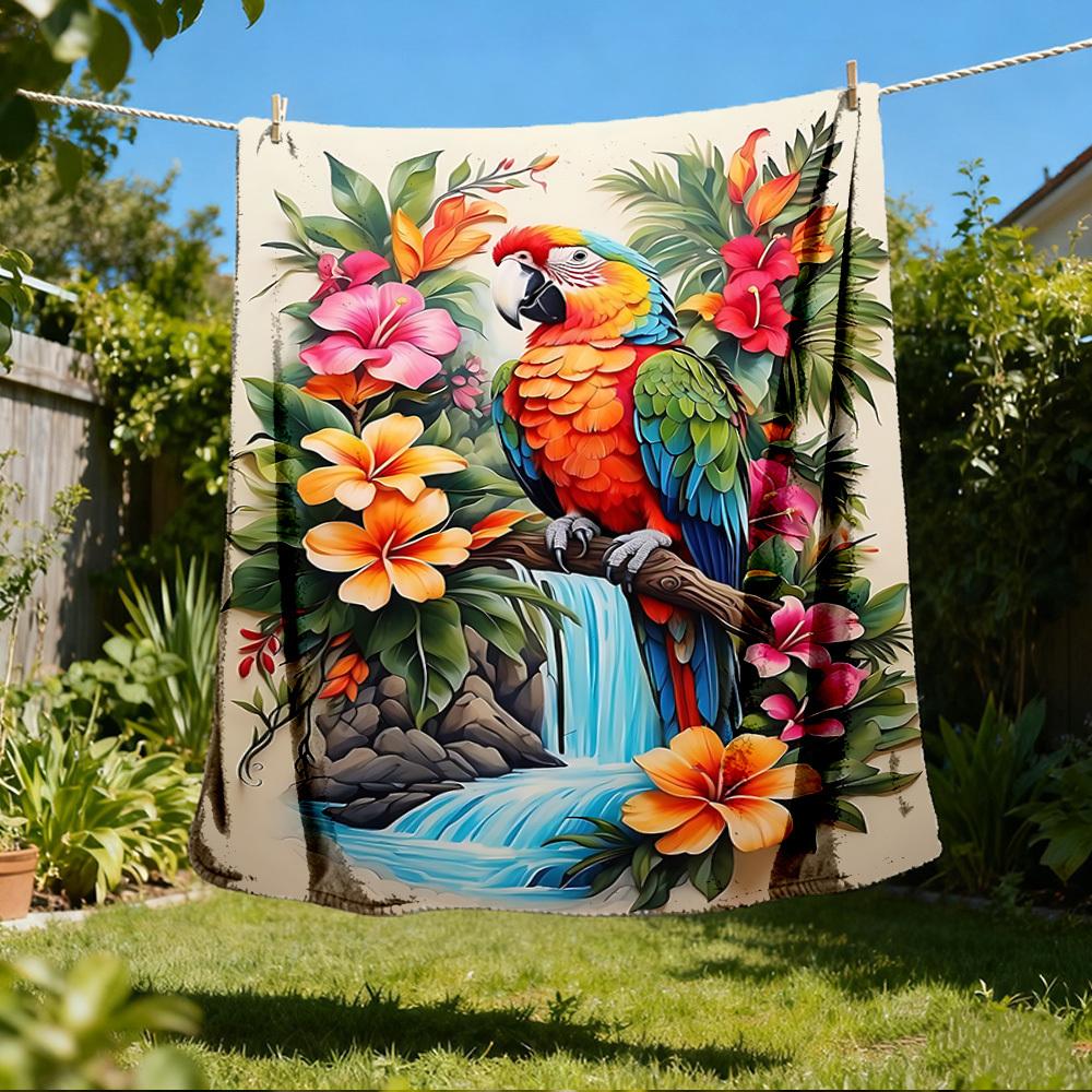 1pc Parrot Tropical Flowers Print Throw Blanket Polyester Fiber, Lightweight Flannel, Soft & Warm, All Season Use for Outdoor, Camping Digital Print