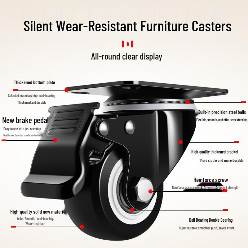 1.5-2 Inch Gold Diamond Black Casters with Brake - Industrial Directional Rollers Silent Wheels