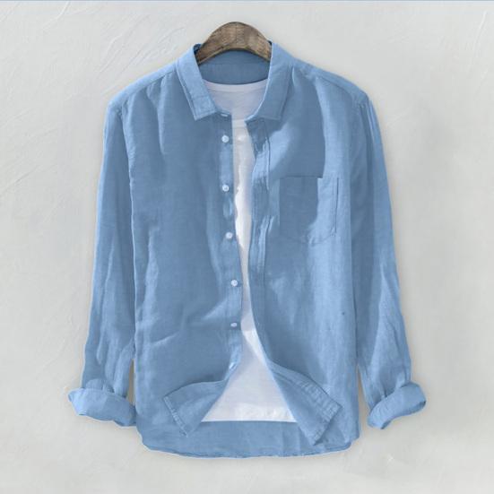 Men Autumn Shirt Solid Color Single-breasted Buttons Cardigan Long Sleeve Turn-down Collar Soft Wear-resistant Pocket Spring Shirt Daily Clothes