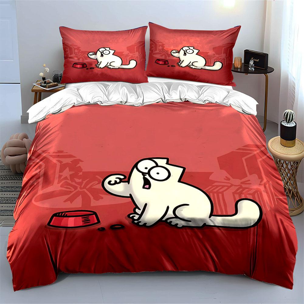 White cartoon cat motif. Bedding sets Duvet cover sets Duvet covers Pillowcases(1*Duvet Cover 2*Pillowcases without duvet insert)