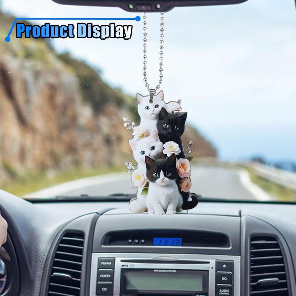 Cute Cat Car Mirror Hanging Accessories - 2D Flat Acrylic Kitten Christma Tree Ornament Decoration Car Rear View Mirror Charm - Car Interior Rearview
