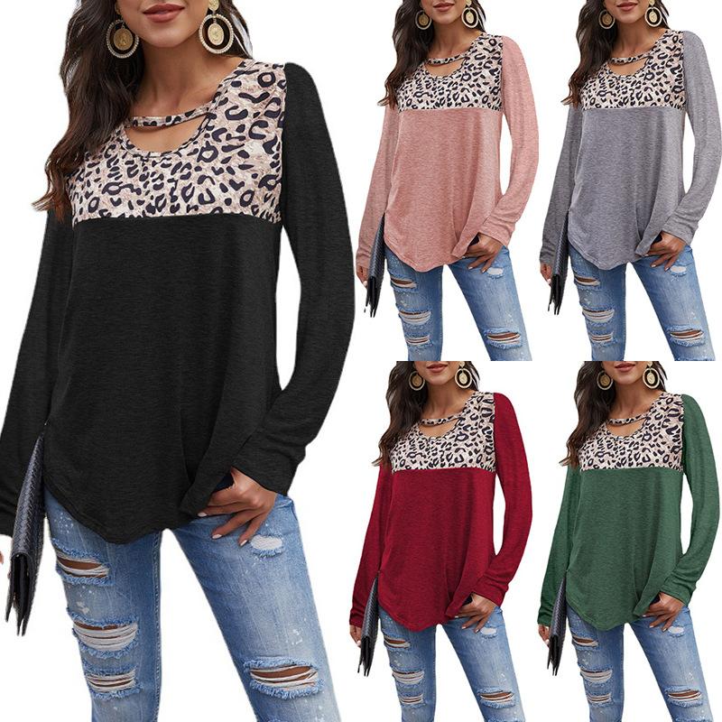 Осенне-зимняя женская футболка с круглым вырезом и леопардовым узором, свободный топ с длинными рукавами