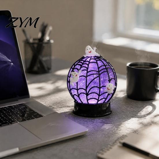Holiday Decoration Light Halloween Ghost Glitter Ball Lamp, Glowing Spiderweb Faux Crystal Sphere Light, Night Lamp Purple Glow Spider for Party Table