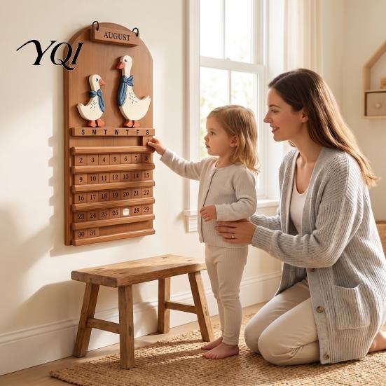 Decorative Monthly Planner Wooden Vintage Goose Couple Perpetual Calendar, Reusable Month Date Blocks Manual Slider Wall Hanging Farmhouse Decor