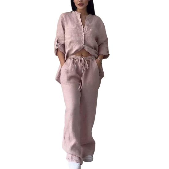 2Pcs/Set Women Shirt Pants Set Solid Color Long Sleeves Single-breasted V Neck Blouse Elastic Waist Loose Wide Leg Trousers Casual Commute Clothes