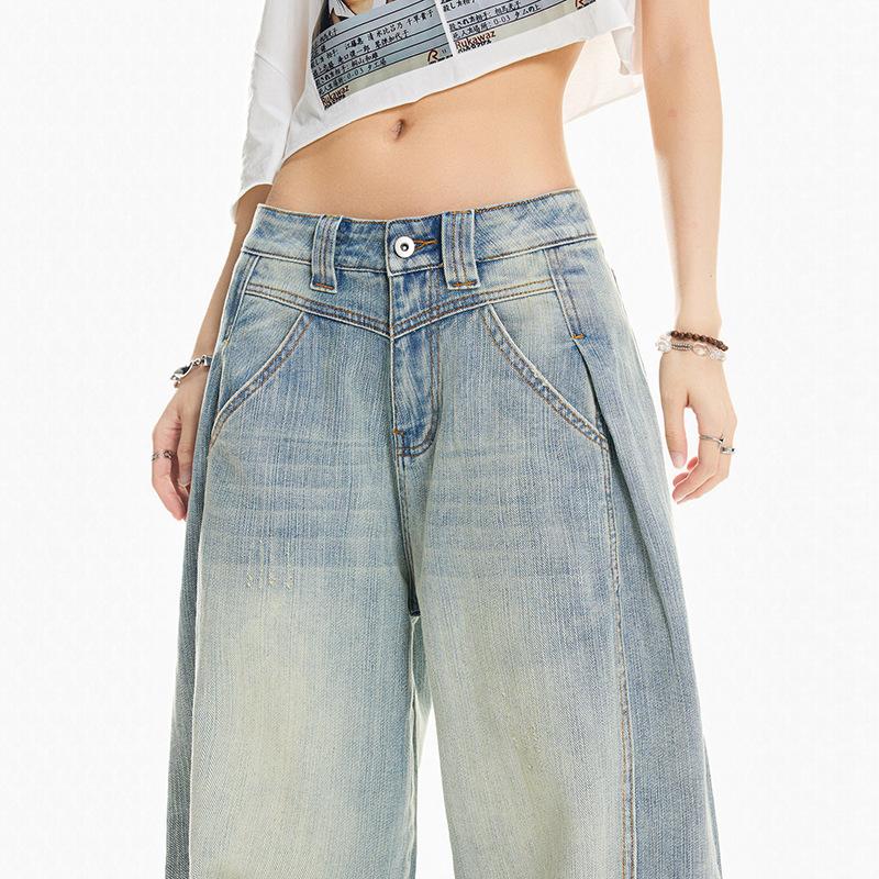 Bamboo pattern retro splicing jeans women's autumn washed old loose casual wide-leg pants