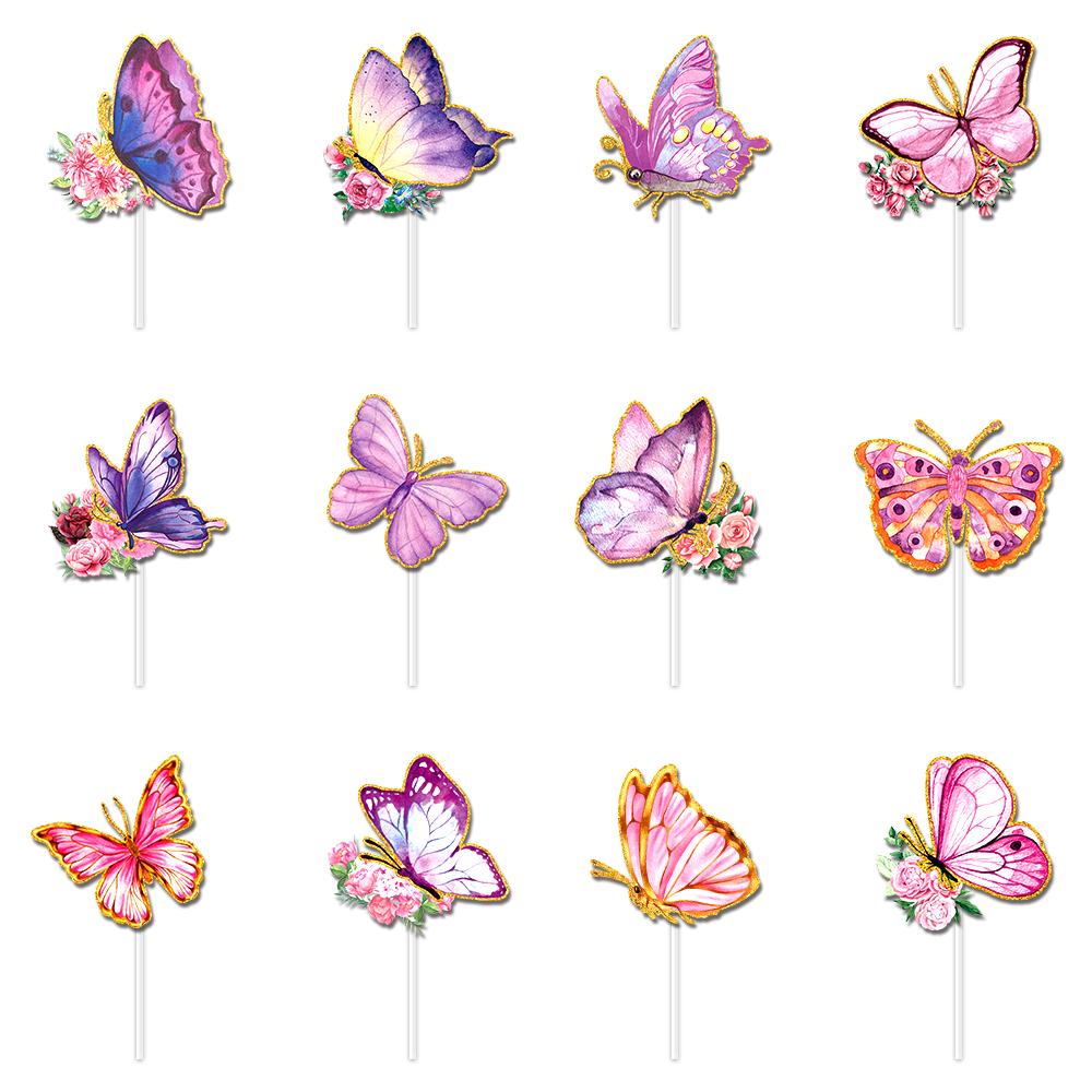 12/24pcs Butterfly flower Cake Topper Pink Purple Fairy Butterfly Cake Decoration Girl Birthday Wedding Party Decor Supplies