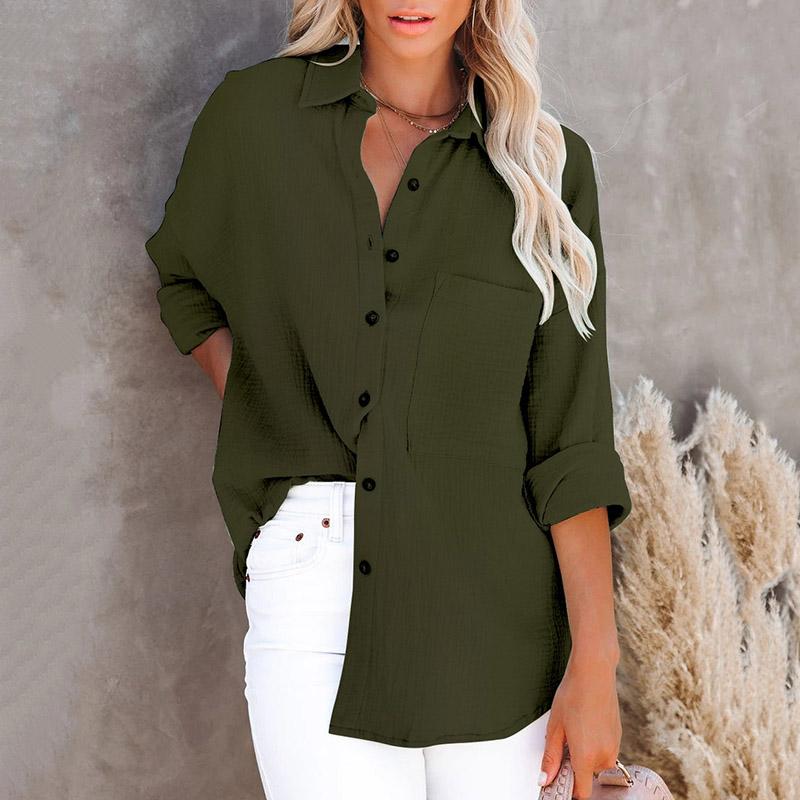 Women Fashion Long Sleeve Lapel Solid Color Plus Size Shirt Blouse Tops Clothing