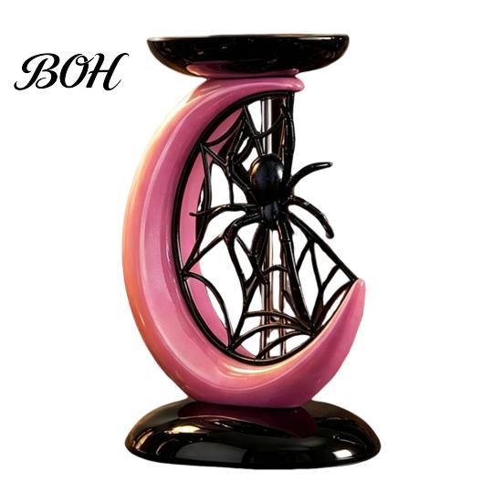 Cool Girly Room Decor Halloween Pink Moon Spider Candle Holder, Sweet Dark Aesthetic Tray for Unique Holiday Gift Pillar Candles, Gothic Resin