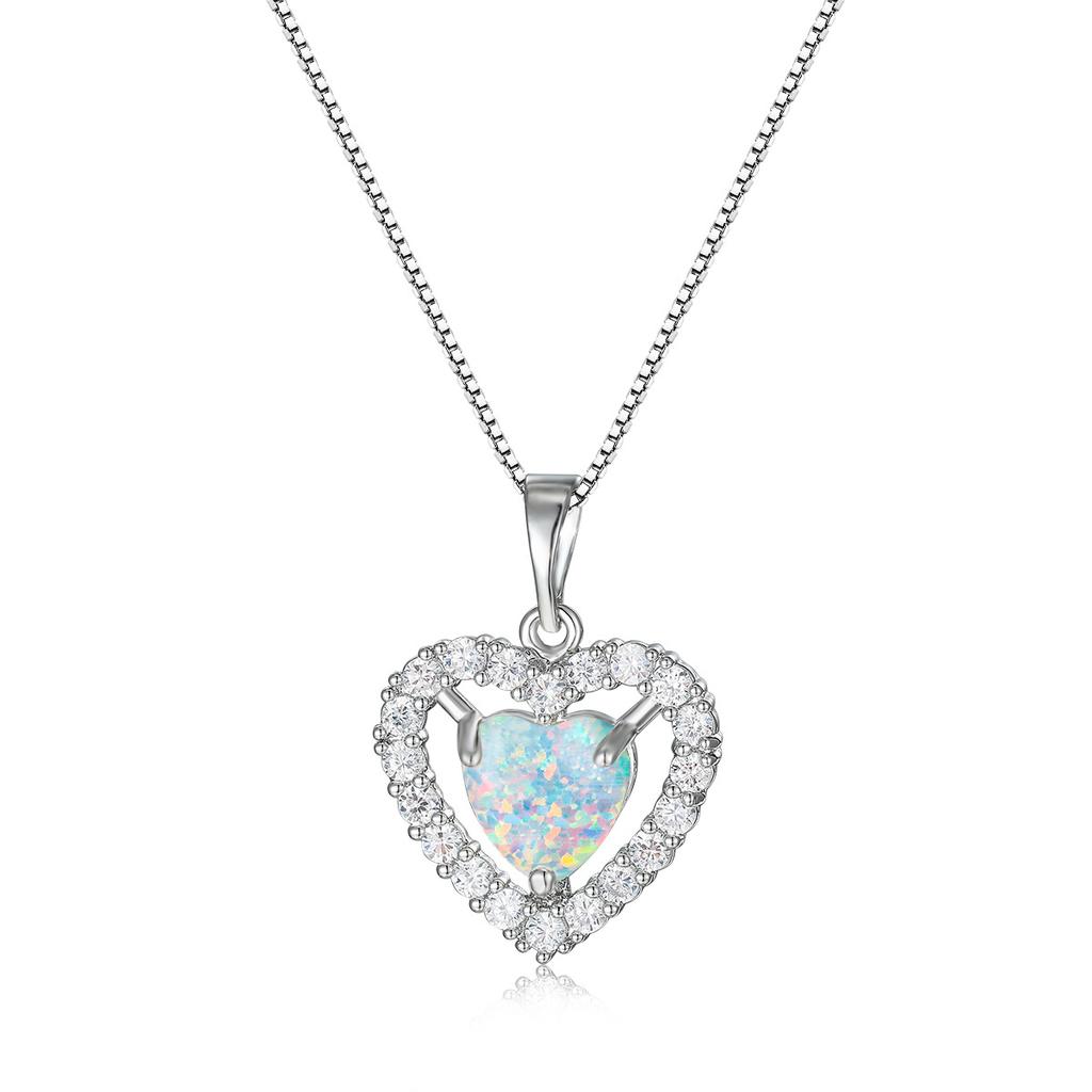 European and American Fashion Heart-shaped White Necklace with White Border and White Diamond Heart Pendant