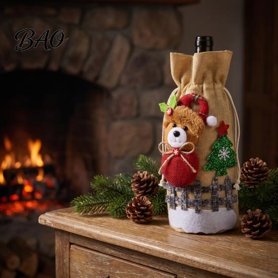 Decorative Wine Bottle Holders Christmas Cover, Santa Claus/Snowman/Elk/Bear Gift Bag with Sticker Decals, Holiday Dining Accessories Party