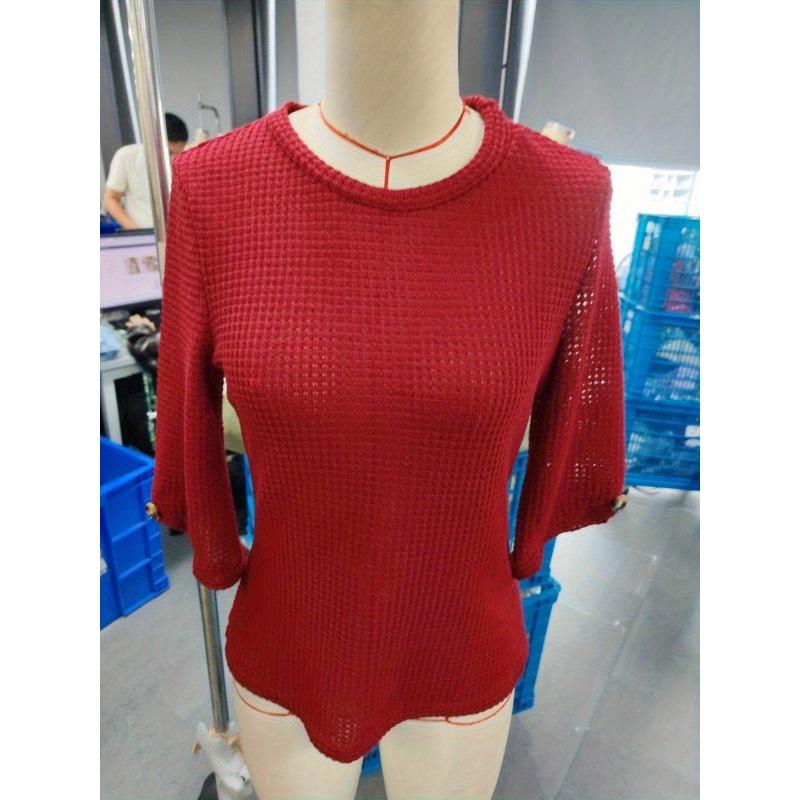 2025 Весна Осень и Зима Новинка Женский Повседневный Топ с Декоративными Пуговицами, Рукавом до Локтя, Однотонный, Универсальный, с Круглым Вырезом