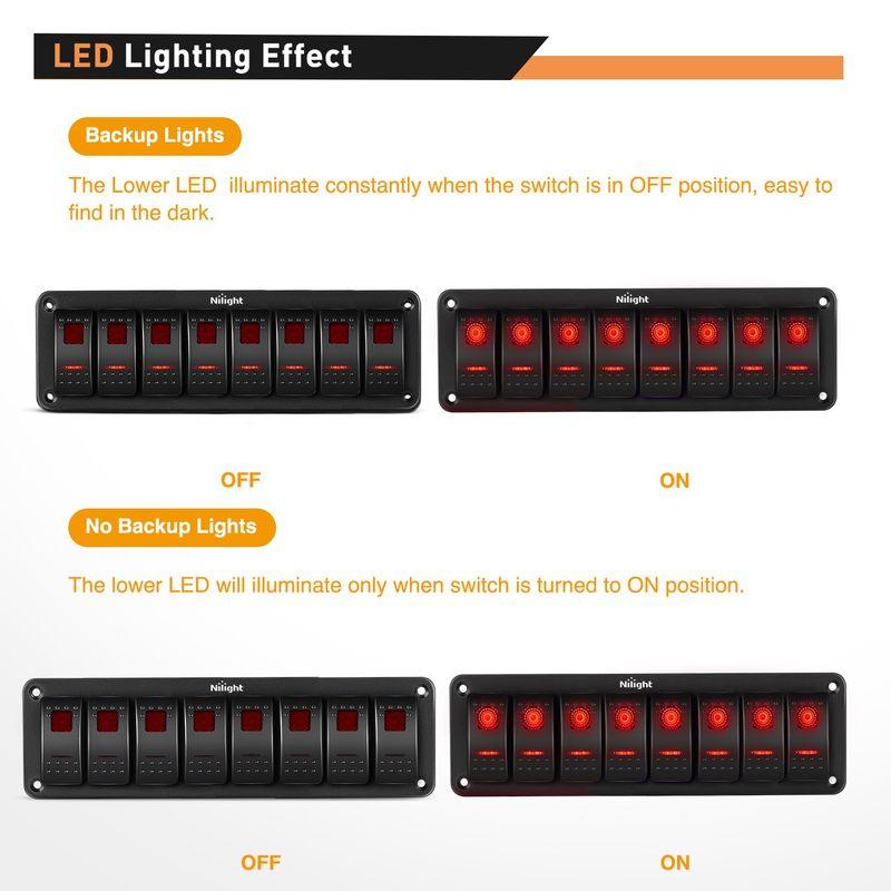 Nilight 8 Gang Rocker Switch Panel 5Pin On Off Toggle Aluminum Holder 12V 24V Dash Pre-Wired Red Backlit Switches for Automotive Cars Marine Boats