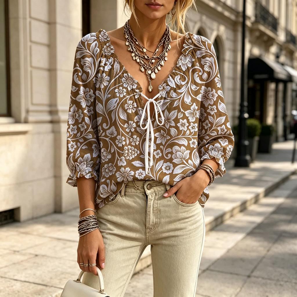 Women's V-neck Tie Ruffle 3/4 Sleeve Green Vintage Floral Print Blouse, Casual Vacation Top