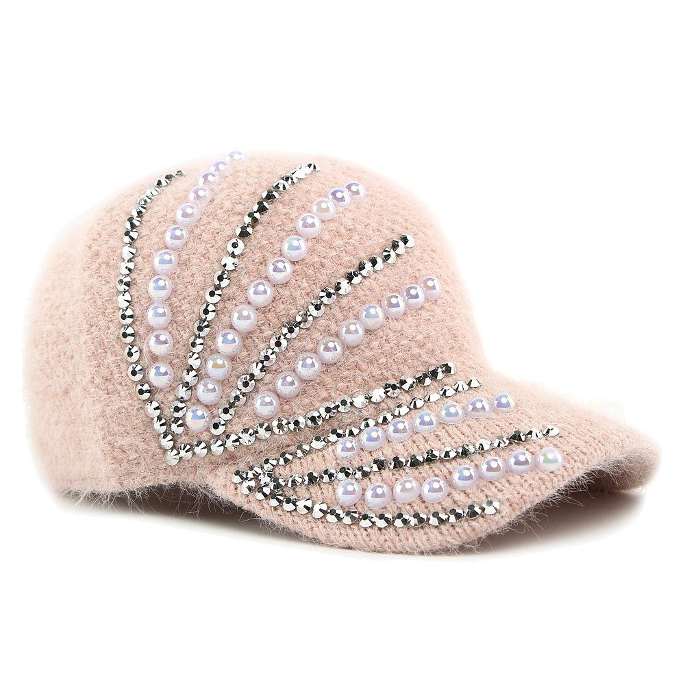 Женская вязаная шапка ручной работы на осень-зиму, теплая бейсболка с жемчугом, из искусственного кроличьего меха, с ромбовидным узором