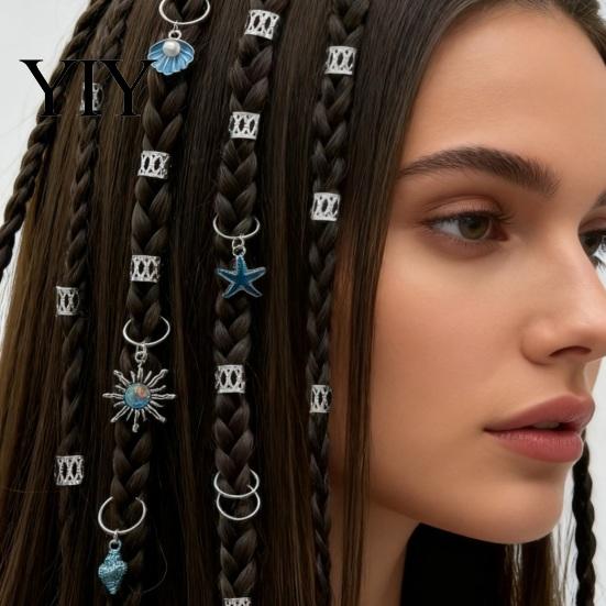 Turquoise Hair Rings 45Pcs Dreadlock Accessories, Open Design Easy to Wear Braided Marine Themed Charms with Elements Starfish Shells Sunflowers Beads