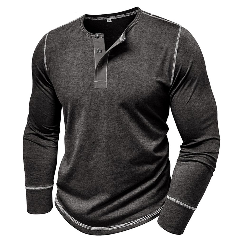 Men's Long Sleeve Shirt Men's Round Neck Button T-Shirt Color Block Top