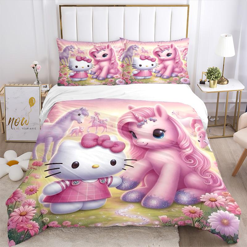 Hello Kitty Unicorn Meadow Print 3Pcs Bedding Set,Duvet Cover with 2 Bedro,Pillowcase Home Birthday Gift