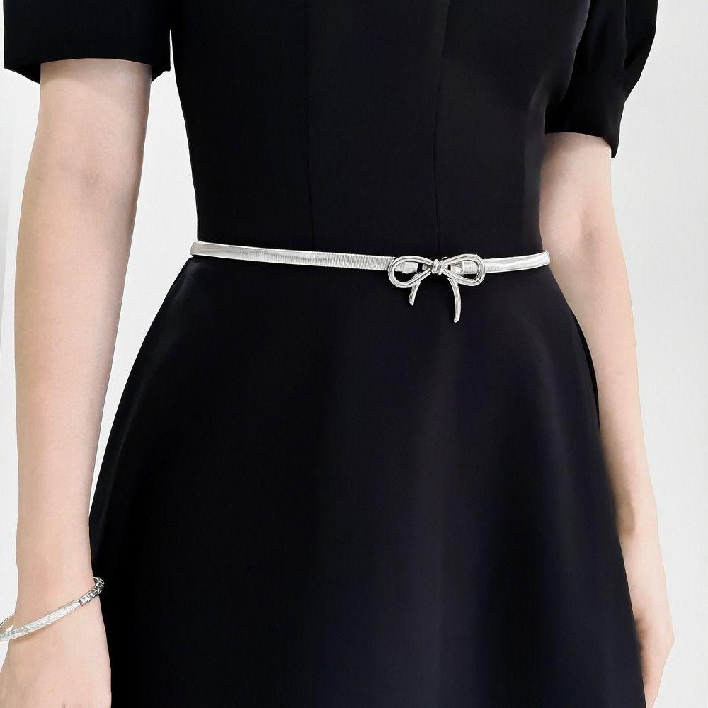Y2k Thin Belt Silver Metal Waist Chain Sweet Elastic Bow Belt Trouser Decoration