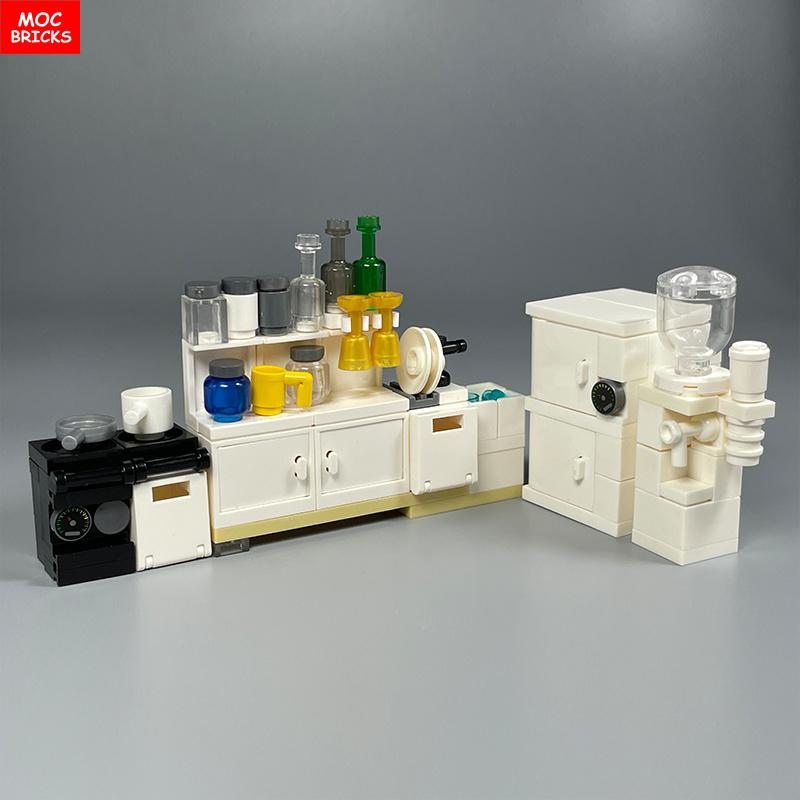 Конструктор MOC Кухонный шкаф Посуда Инструмент Кофеварка Машина Диспенсер для воды Рабочая поверхность Обучающий строительный блок Детская игрушка