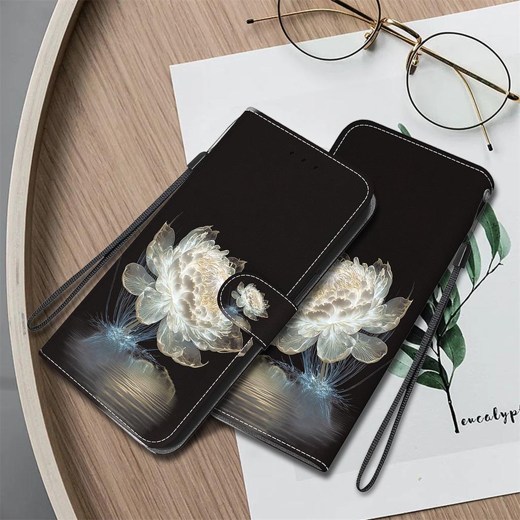 Crystal Flower Painted Pattern Flip Wallet PU Leather Case with For iPhone Samsung Umidigi Infinix TECNO...Suitable for Over 900 Phone Models