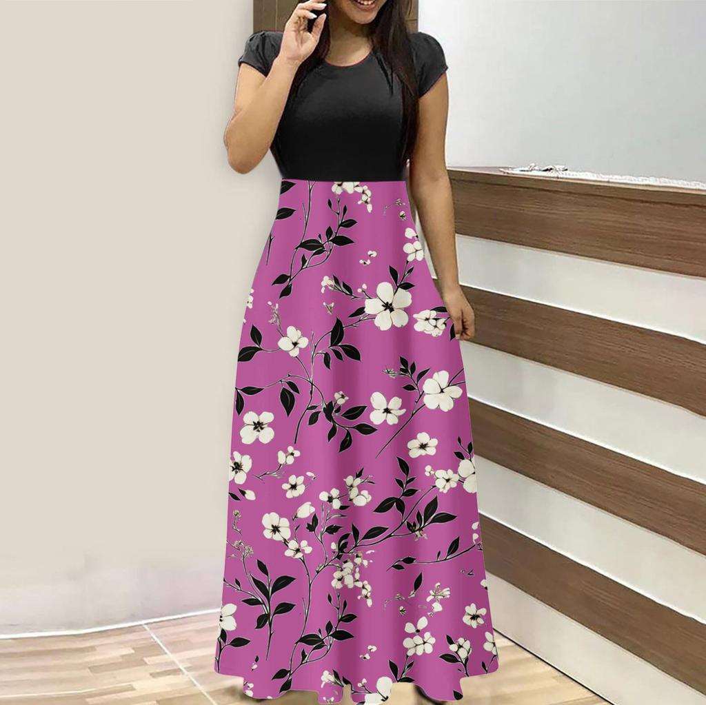 Женская мода повседневные свободные принтованные платья с круглым вырезом и коротким рукавом длинные платья с коротким рукавом длинные платья