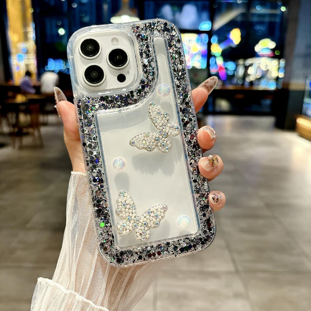 For iPhone 16 Pro Case with Case with Pearl Butterfly Decor Glitter Rhinestone Epoxy Design TPU Phone Cover