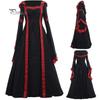 Женская мода, европейское и американское средневековое ретро платье с капюшоном, квадратный вырез, зашнуровать, расклешенные рукава, большое свободное платье, платье на Хэллоуин