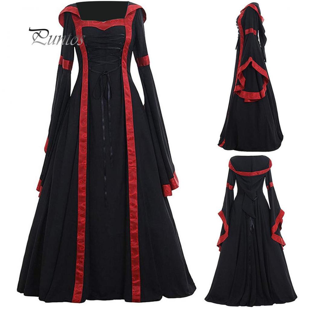 Женская мода, европейское и американское средневековое ретро платье с капюшоном, квадратный вырез, зашнуровать, расклешенные рукава, большое свободное платье, платье на Хэллоуин