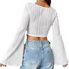 Women's New Solid Colour U-neck Exposed Navel Thin Fashion Flare Long-sleeved Top Sexy Short T-shirt