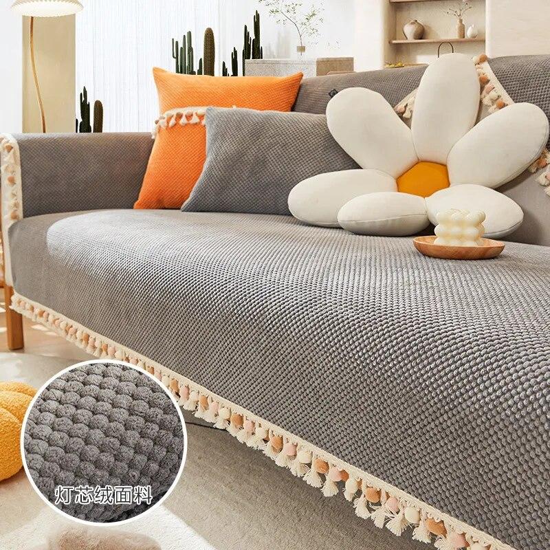 Solid Tassel Ball Sofa Cushion Four Seasons Universal Winter Thicken Chenille Anti Slip Modern Cushion